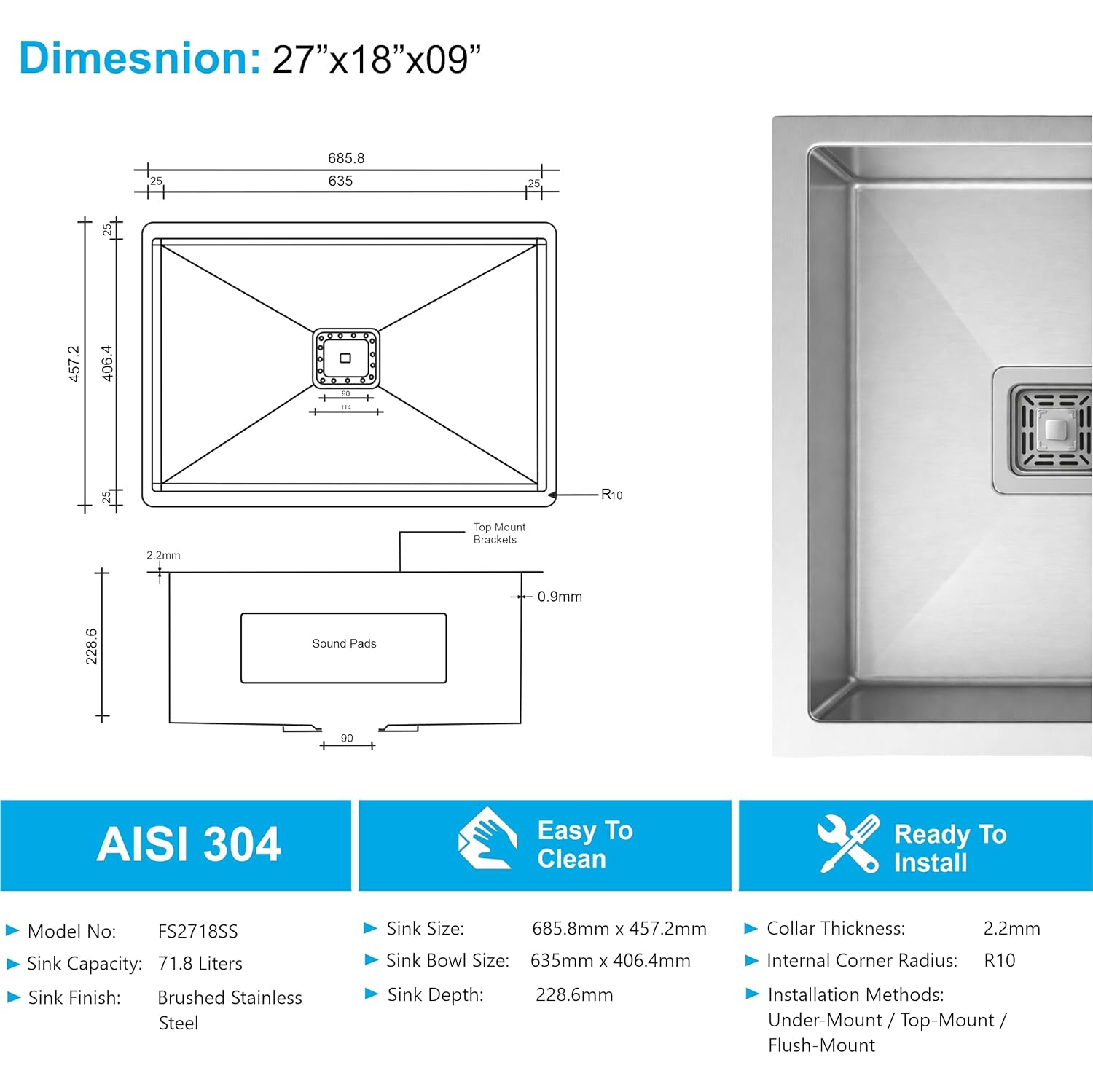 32x18x09 inch stainless steel single bowl kitchen sink top view with dimension markings and deep bowl design