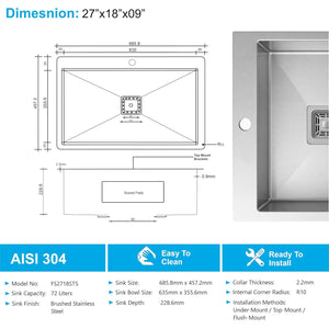 27x18 inch stainless steel single bowl kitchen sink top view with dimension details and tap hole