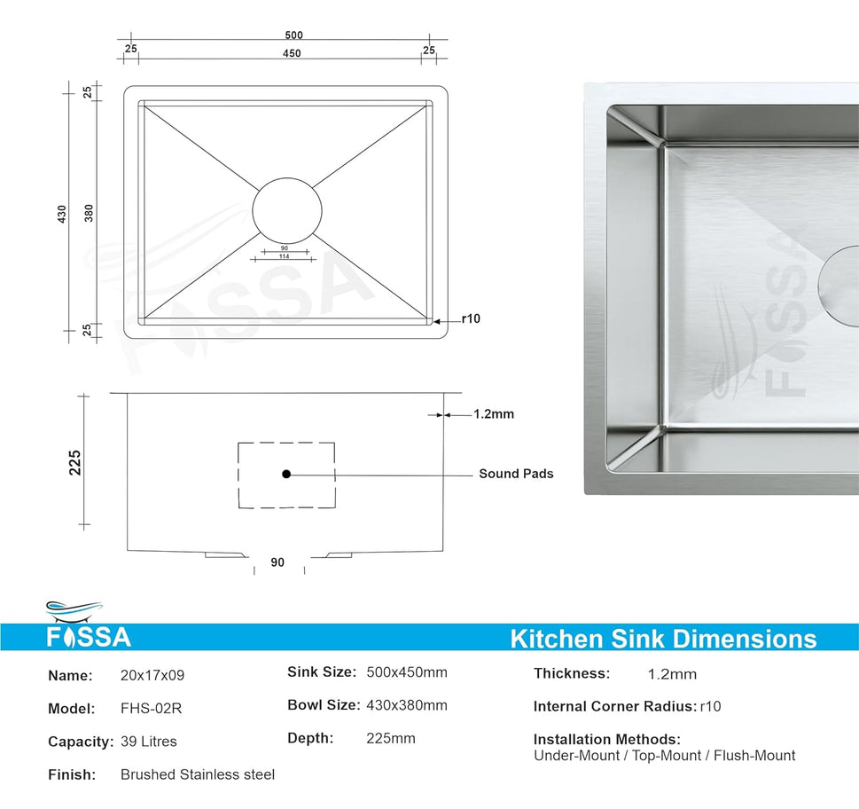 फोसा 20"x17"x09" सिंगल बाउल एसएस-304 ग्रेड स्टेनलेस स्टील हस्तनिर्मित किचन सिंक राउंड कपलिंग मैट फिनिश