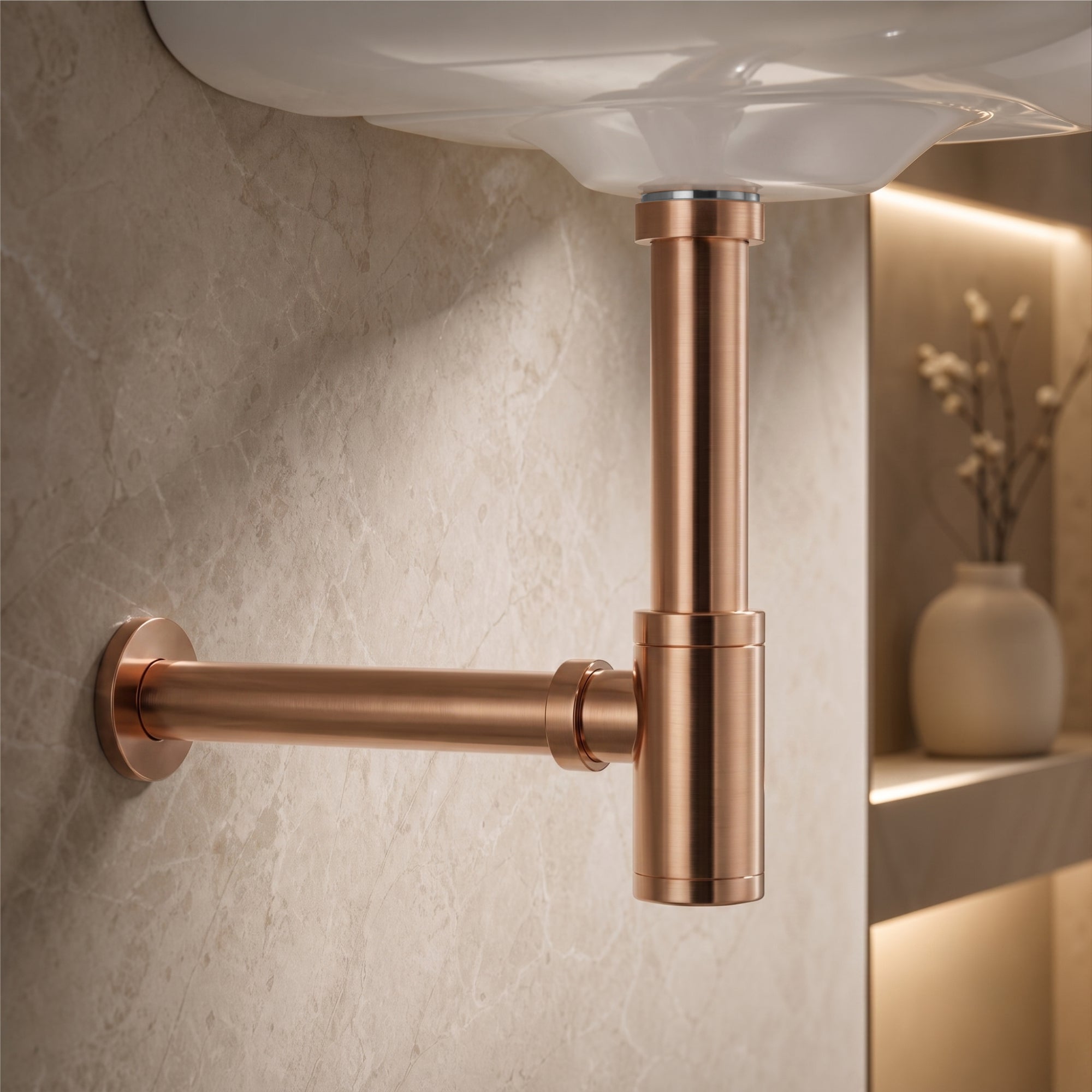 12 inch Stainless Steel Rose Gold Bottle Trap with Flange
