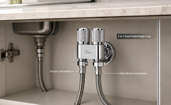 Chrome 2-in-1 dual outlet angle cock under a kitchen sink with labeled connections.