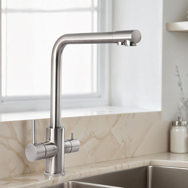 3-in-1 kitchen mixer faucet with RO drinking water tap in silver finish