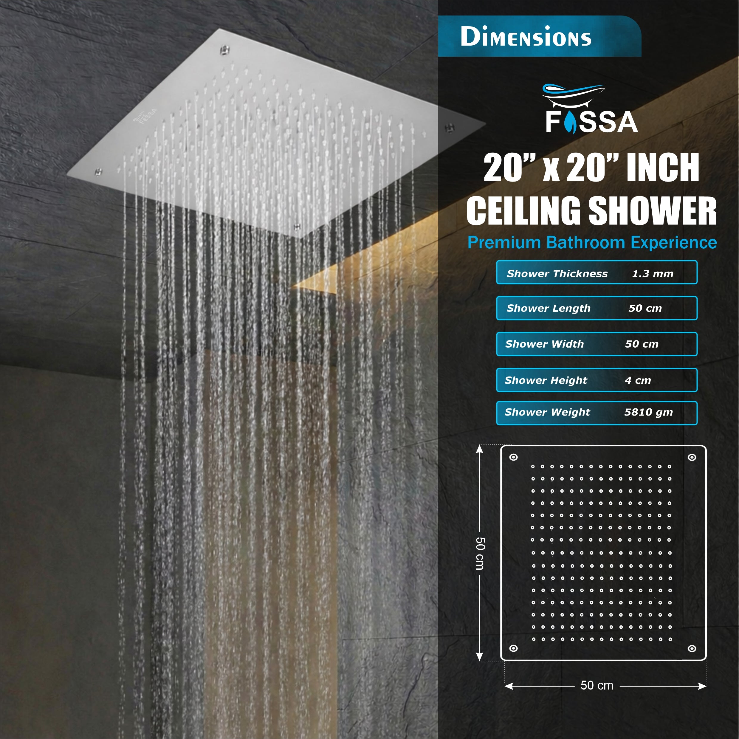 304 Stainless Steel RainFall Overhead Shower (20x20 Inch)