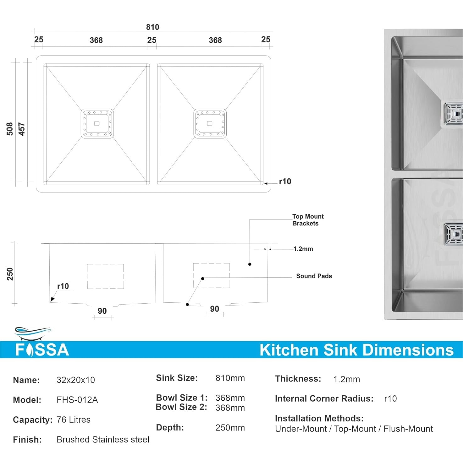 45 inch handmade double bowl kitchen sink black stainless steel with tap hole
