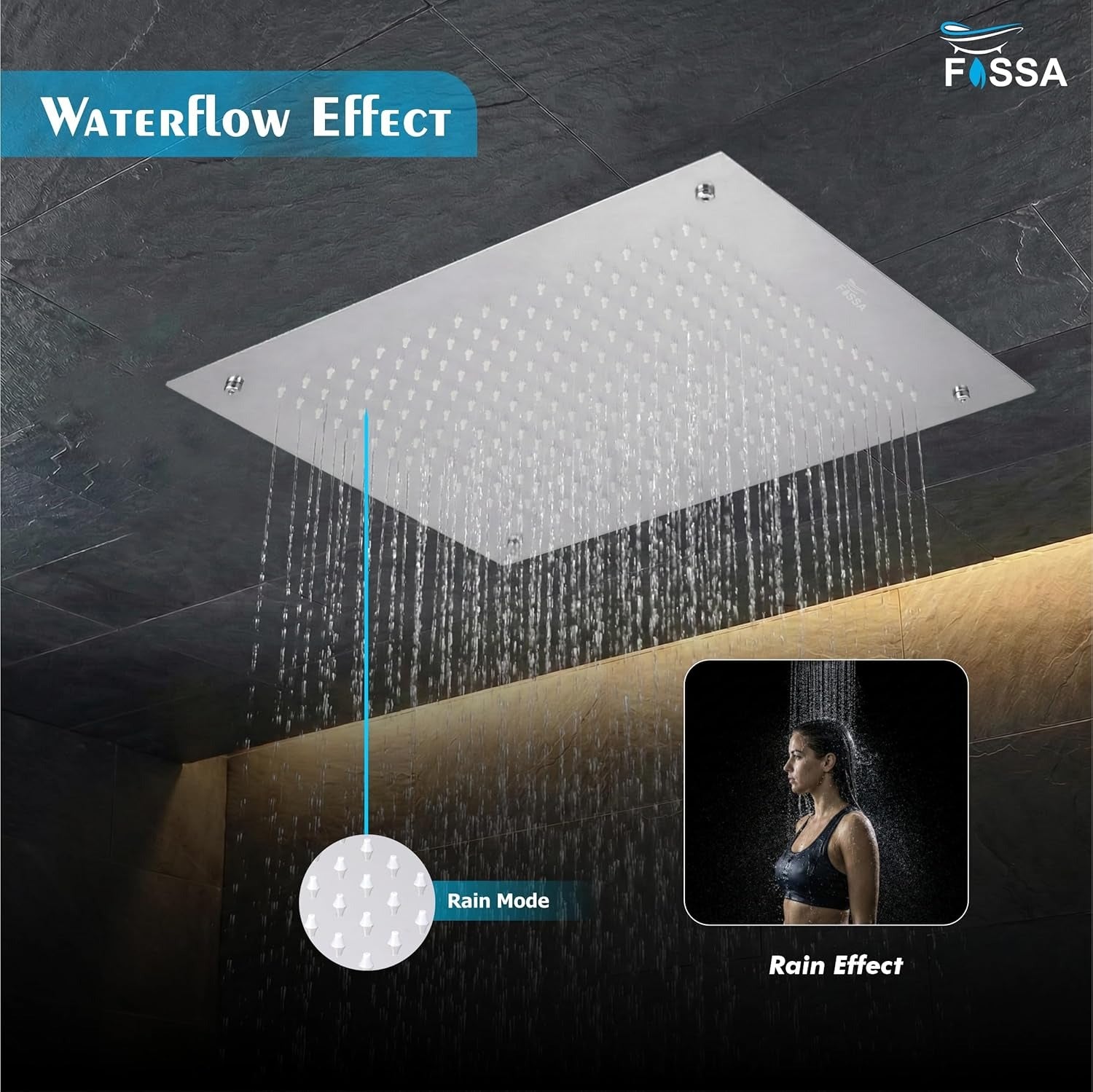 luxury bathroom with 24x24 inch stainless steel rainfall overhead shower installed on ceiling