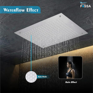 luxury bathroom with 24x24 inch stainless steel rainfall overhead shower installed on ceiling