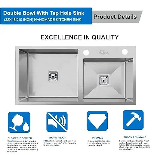 double bowl kitchen sink stainless steel silver finish with tap hole