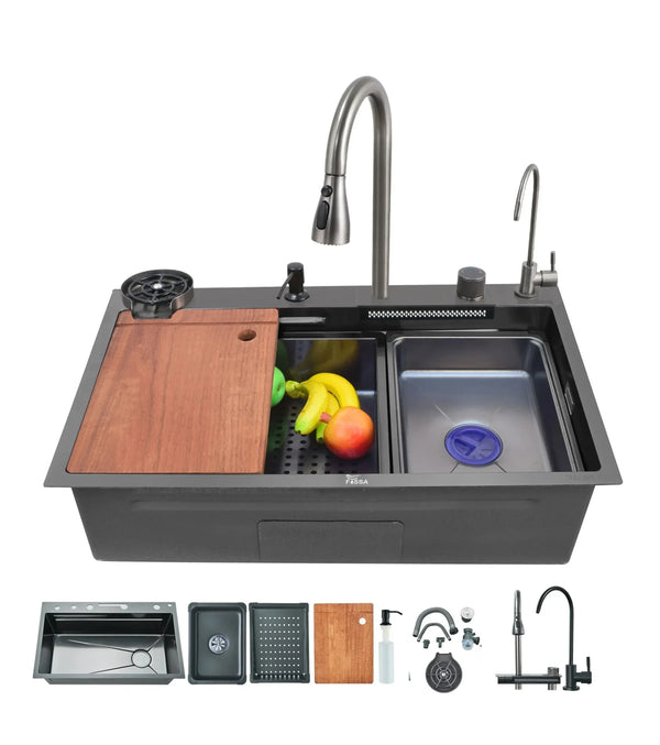 Smart Waterfall (30 x 18 x 10) Inch 304 Stainless Steel Kitchen Sink Black - Fossa Home 