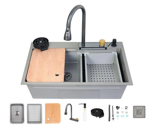 Smart Waterfall (30 x18 x 9) Inch Premium Stainless Steel Kitchen Sink Grey - Fossa Home 