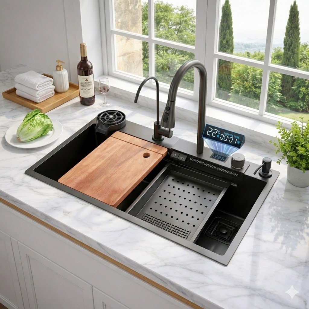 (30 x 18 x 10) Inch Black 304 Piano 2 keys Smart Kitchen Sink - Fossa Home 