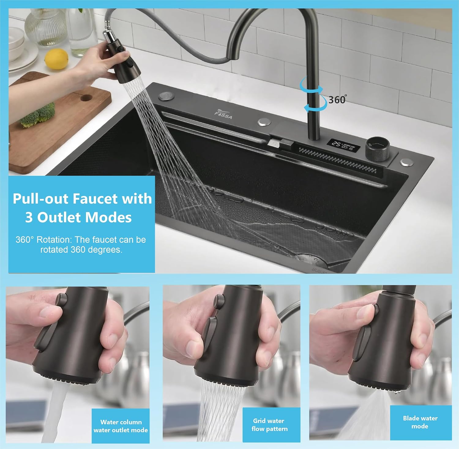(30 x 18 x 10) Inch Black 304 Piano 2 keys Smart Kitchen Sink - Fossa Home 