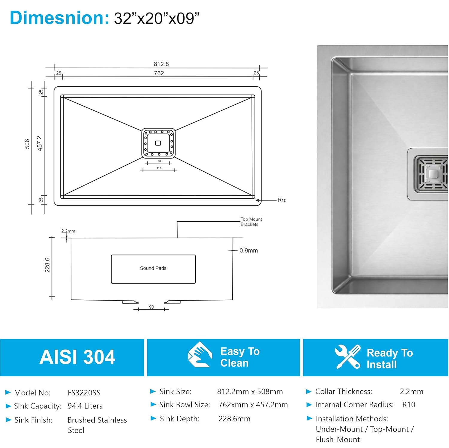 304 Stainless Steel Handmade Single Bowl Kitchen Sink 32x20