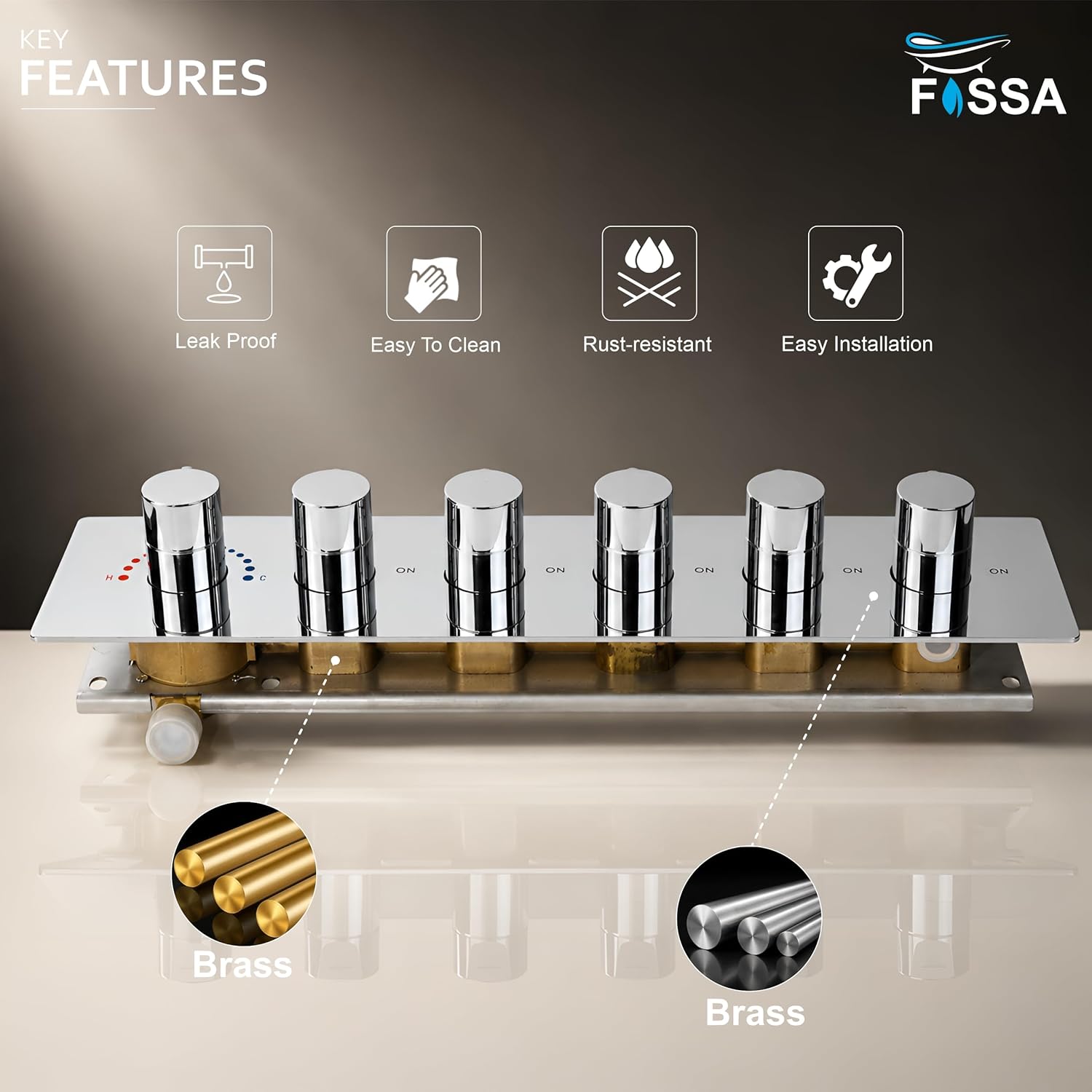 3/4 Inch Florina 5 Way Brass Thermostatic Shower Diverter Set Push Button  Silver - Fossa Home 