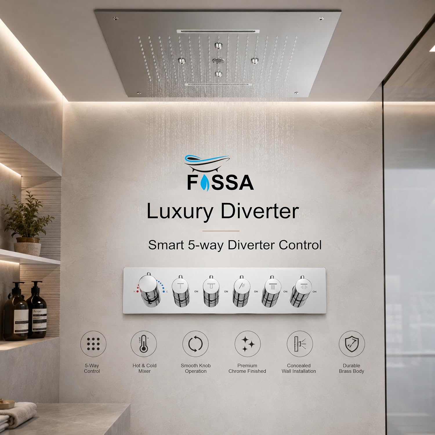 3/4 Inch Florina 5 Way Brass Thermostatic Shower Diverter Set Push Button  Silver - Fossa Home 