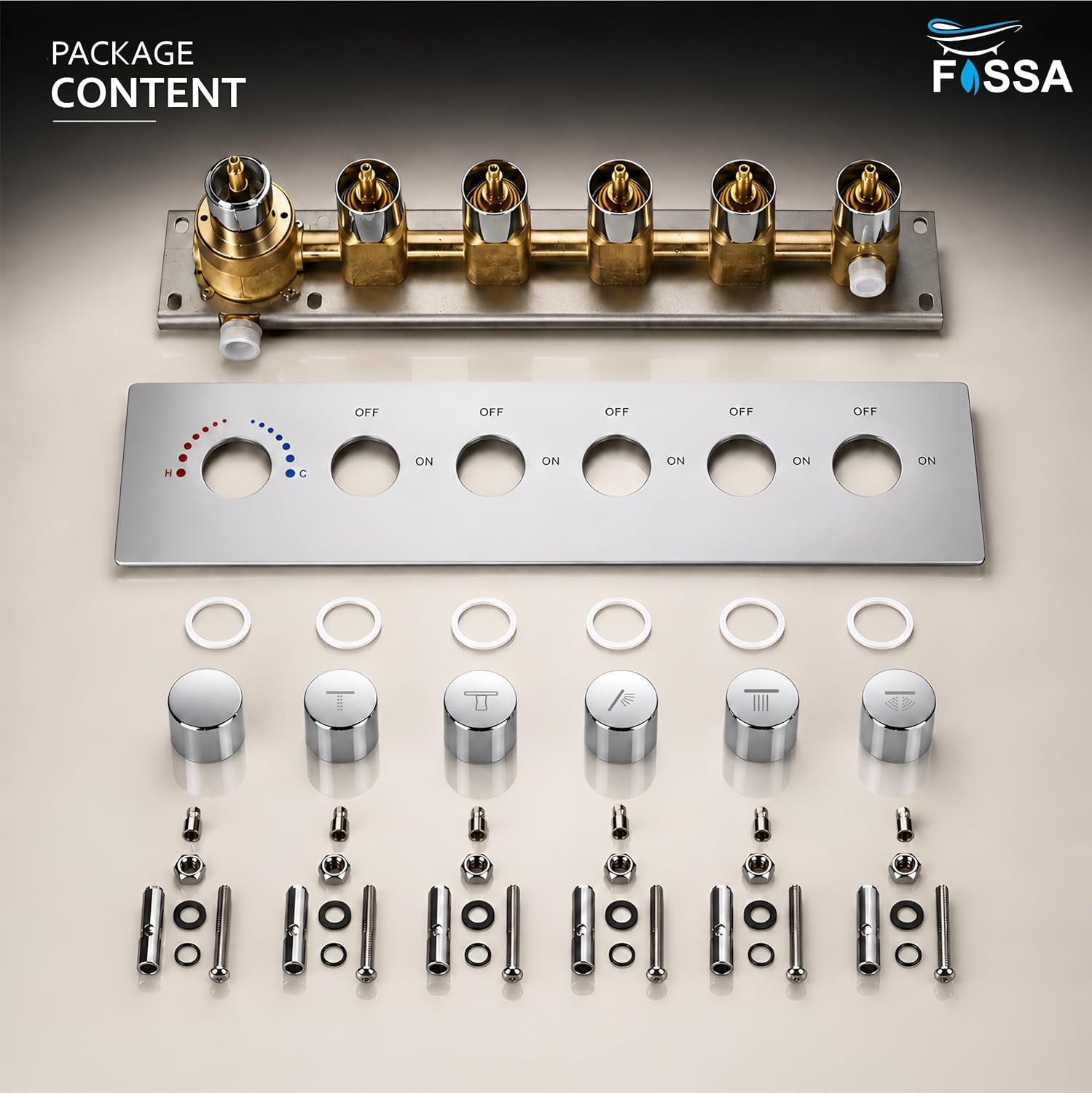 3/4 Inch Florina 5 Way Brass Thermostatic Shower Diverter Set Push Button  Silver - Fossa Home 