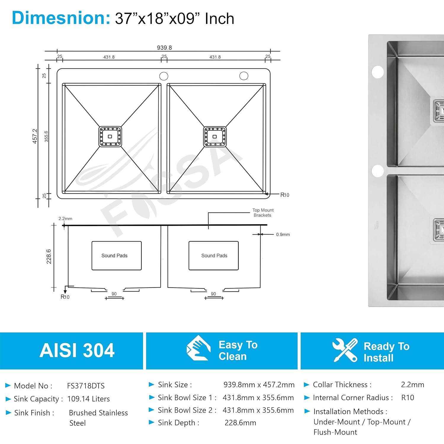 Stainless steel sink with dimensions and features listed on a white background