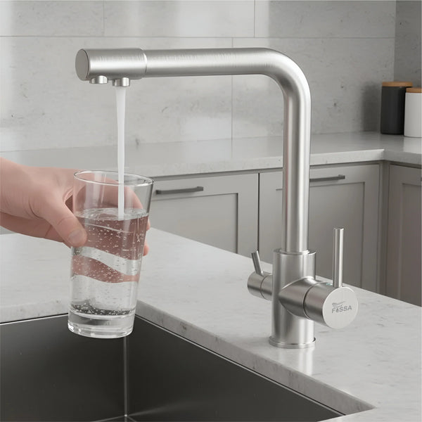 3-in-1 Brass Stainless Steel Kitchen Mixer Faucet with RO Drinking Water Tap Silver - Fossa Home 
