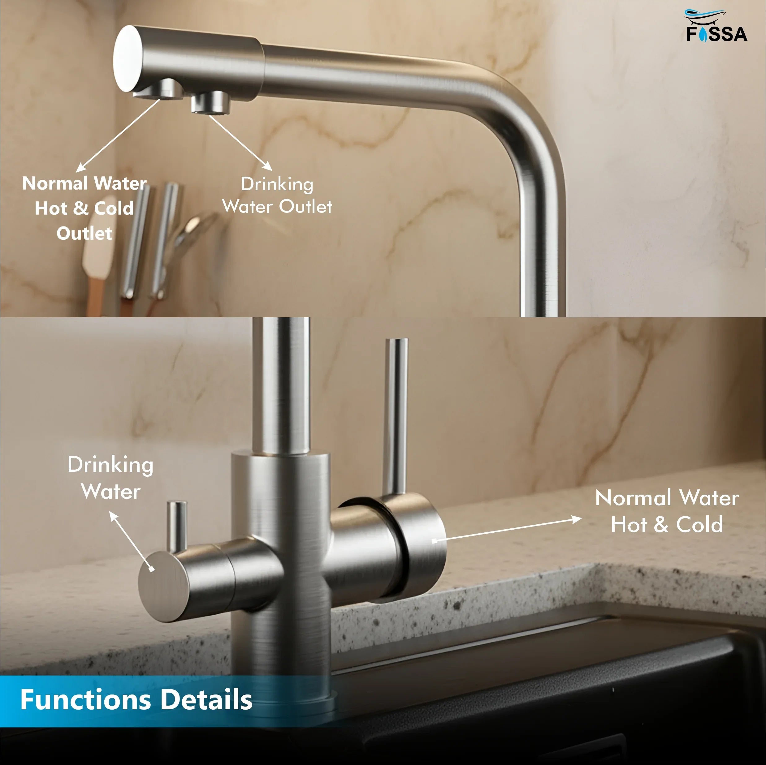 3-in-1 Brass Stainless Steel Kitchen Mixer Faucet with RO Drinking Water Tap Silver - Fossa Home 