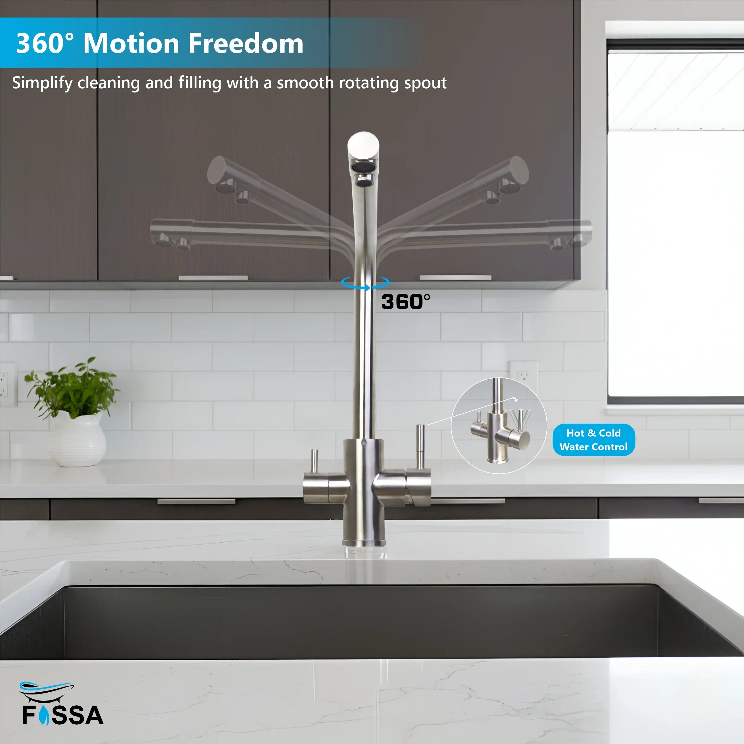3-in-1 Brass Stainless Steel Kitchen Mixer Faucet with RO Drinking Water Tap Silver - Fossa Home 