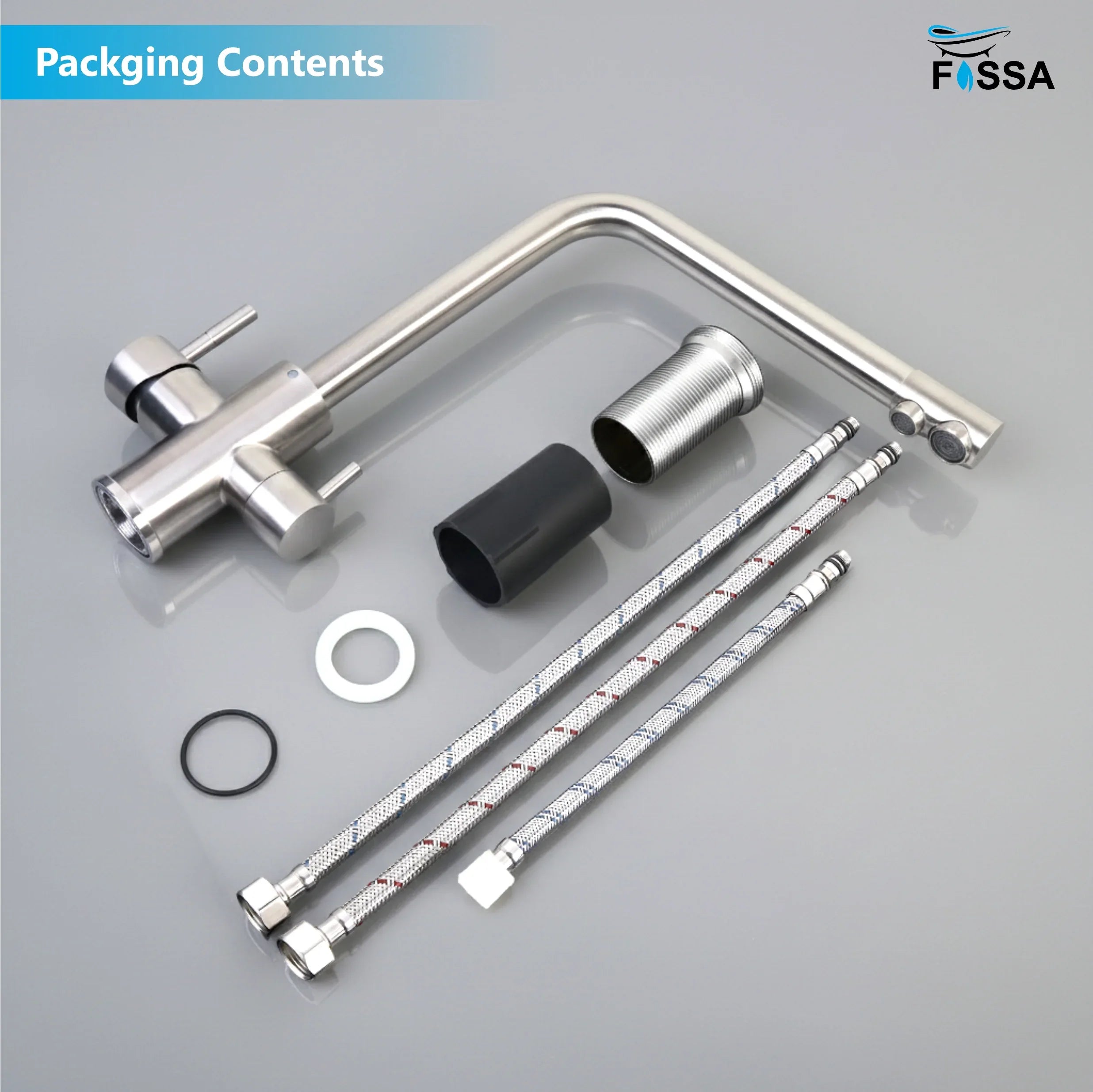 3-in-1 Brass Stainless Steel Kitchen Mixer Faucet with RO Drinking Water Tap Silver - Fossa Home 