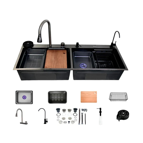 304 black Stainless Steel Smart Waterfall Kitchen Sink (47"x18"x10") - Fossa Home 