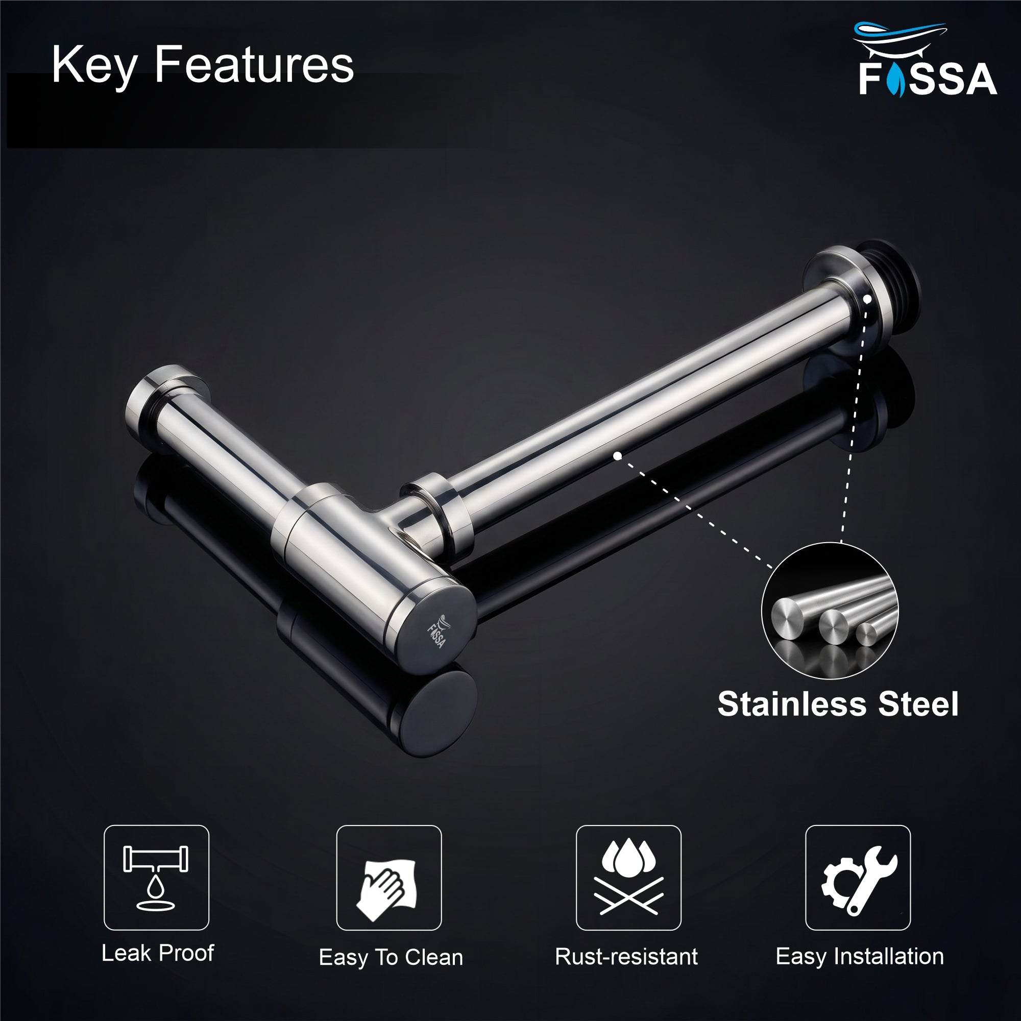 12 inch Stainless Steel Silver Bottle Trap with Flange - Fossa Home 