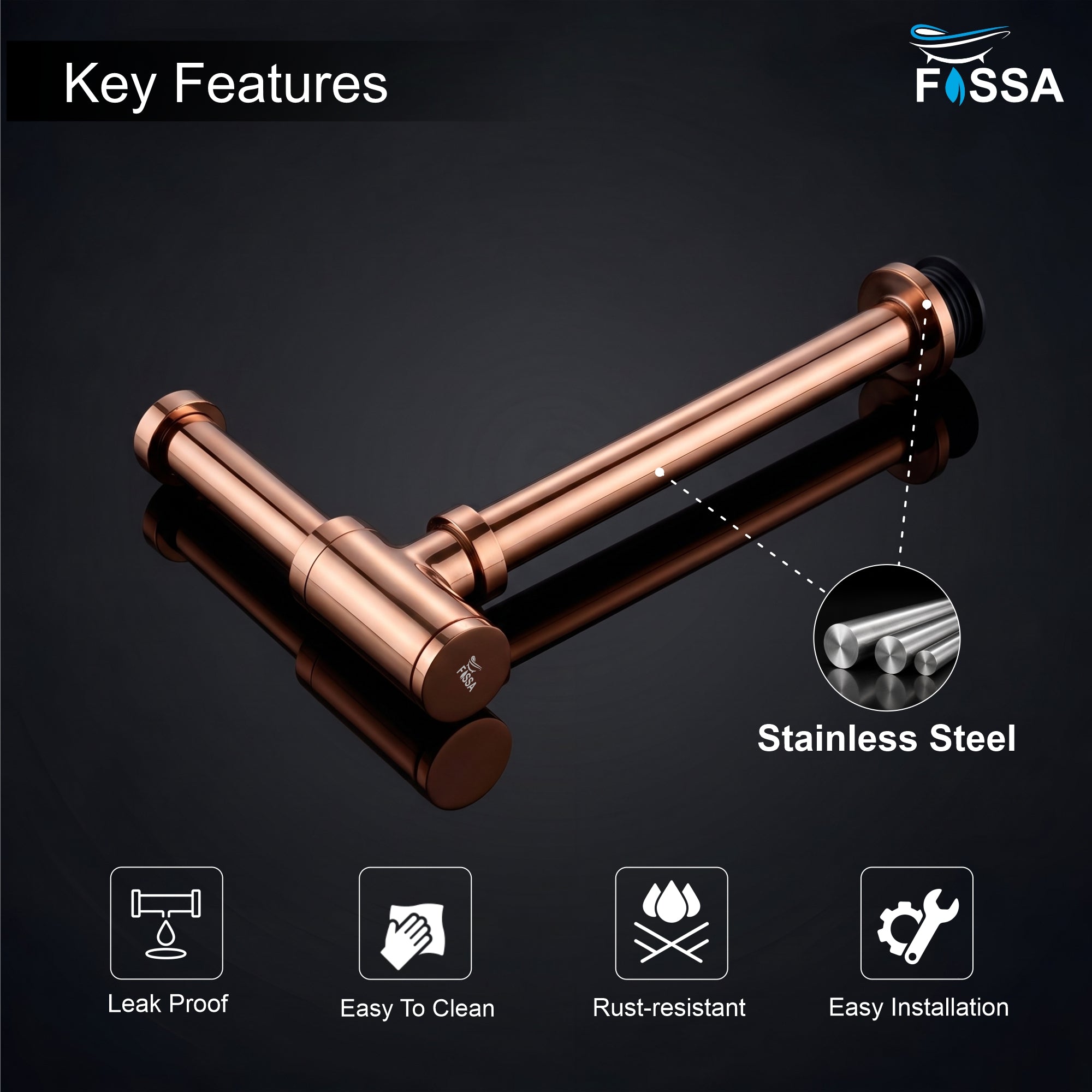 12 inch Stainless Steel Rose Gold Bottle Trap with Flange - Fossa Home 
