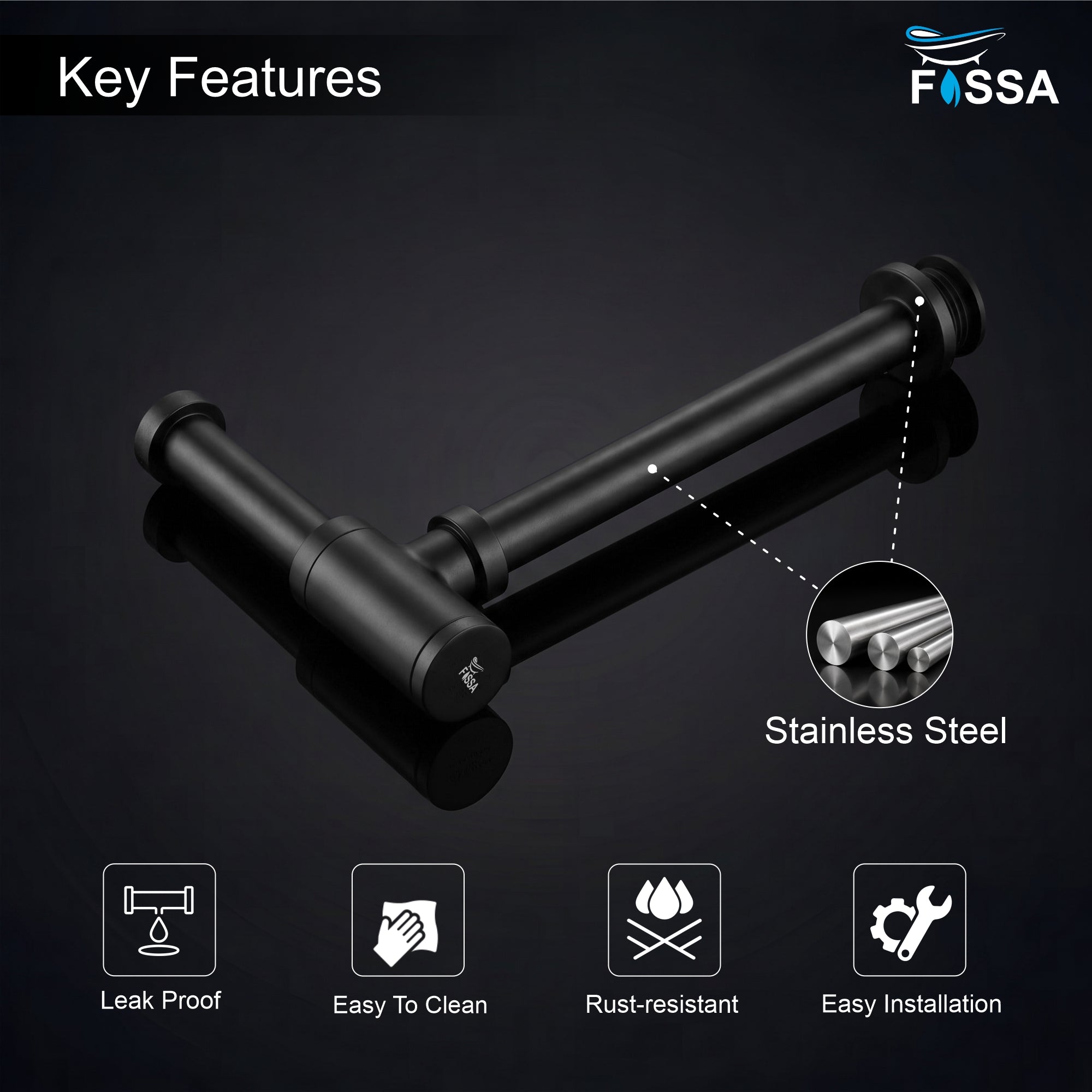 12 inch Stainless Steel Black Bottle Trap with Flange - Fossa Home 