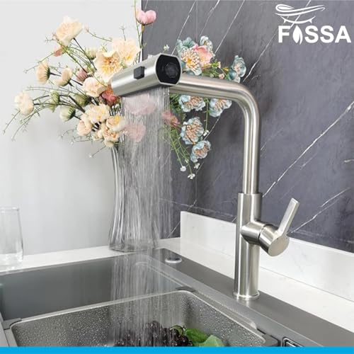 Fossa Pull-Out Kitchen Faucet, Stainless Steel Sink Faucet, Single Lever Rainfall Waterfall Faucet for Sinks, (Silver)