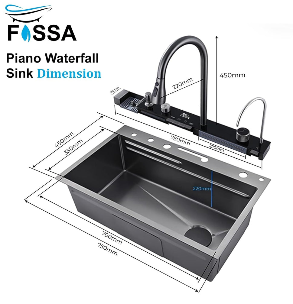 Fossa 30x18x10 Inch Piano Fully Equipped Kitchen Sink with Integrated Waterfall and Pull-down Faucets - SS-304 Grade Stainless Steel Sink with LED Pannel and Digital Display - Nano Black Finish