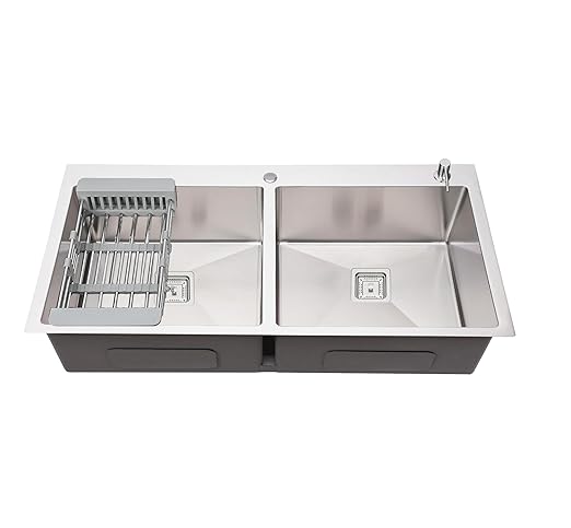 Fossa Silver Kitchen Sink - 32"x18"x10" Inch Stainless Steel Double Bowl Sink With Tap Hole,Drain Basket, Soap Dispenser, Siphon Drain - Topmount Sink for Campervan or Home Kitchen