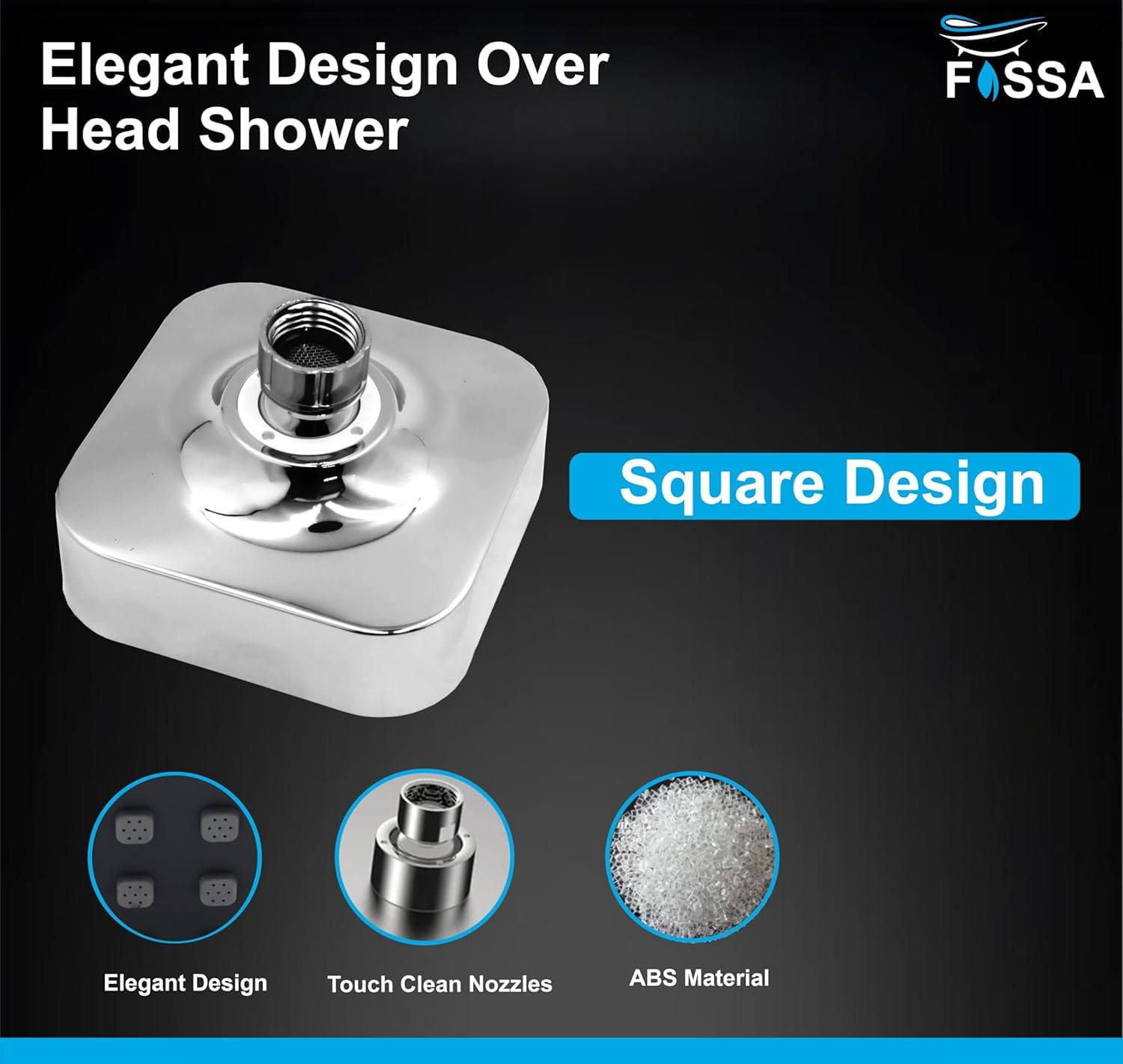Fossa 4"x4" Square Elite Shower Head - High Pressure Rain - Luxury Design - 1-Min Install - Easy Clean Adjustable for Your Bathroom Shower Heads (Without Arm)