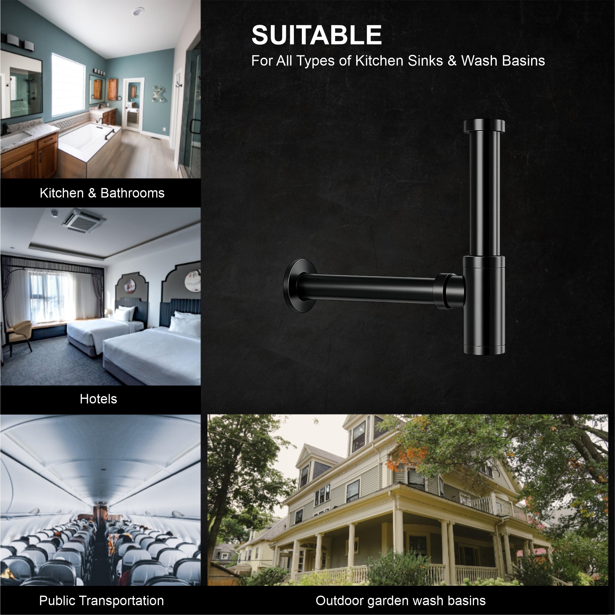12 inch Stainless Steel Black Bottle Trap with Flange - Fossa Home 