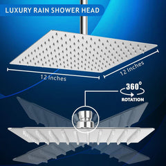 Fossa 12"X12" Inch Rain Shower - Square High Pressure Shower Head Made of 304 Stainless Steel Chrome Finish (With Arm Set 24" Inch)