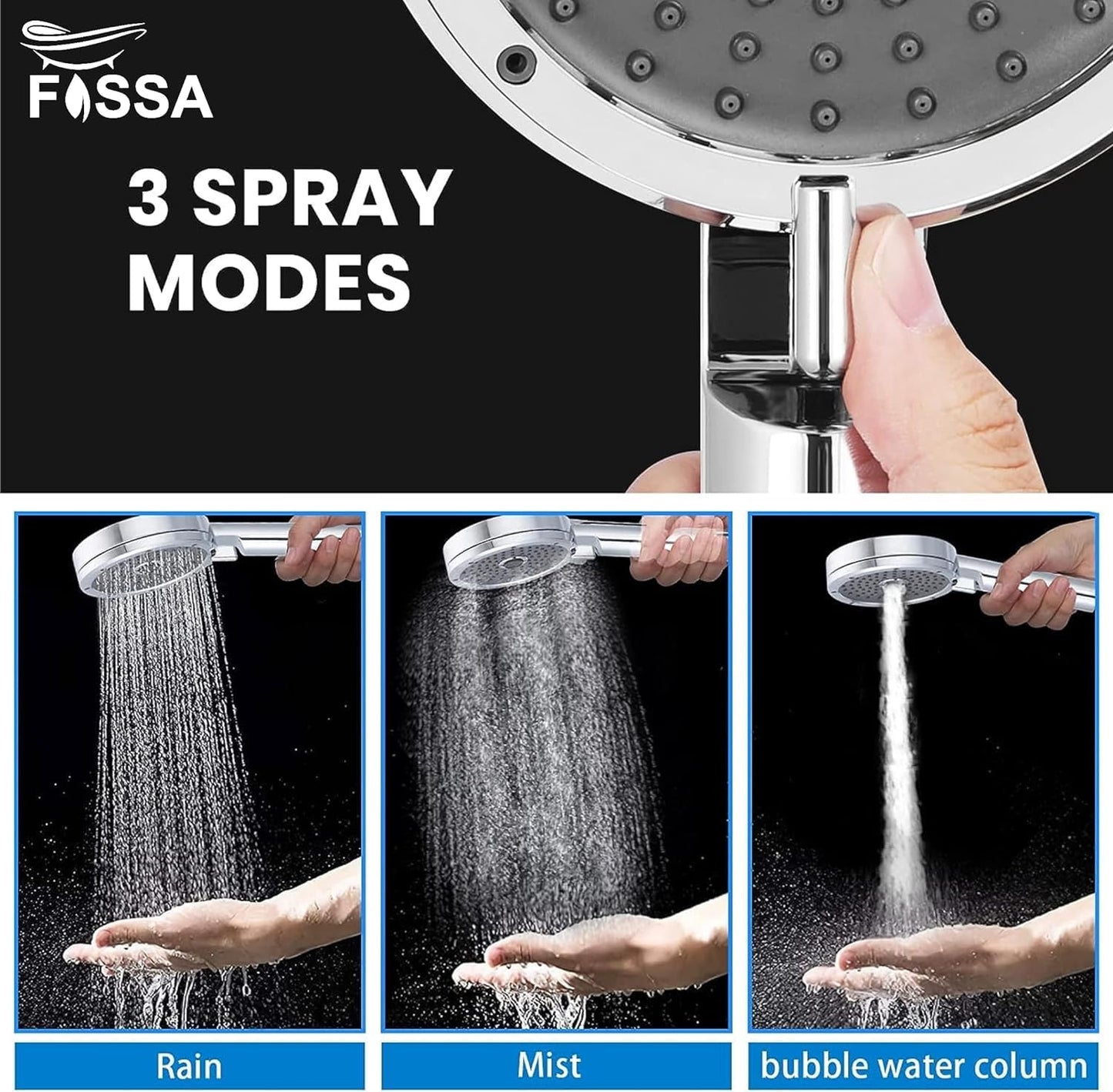Fossa 5"x 5" Wondra 3-Spray Multifunction Hand Telephonic Shower Chrome Finish