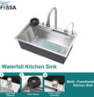 FOSSA 30"x18"x10" SS-304 Grade Handmade Single Bowl With Water Fall Kitchen Sink, Matte Finish, With Basket