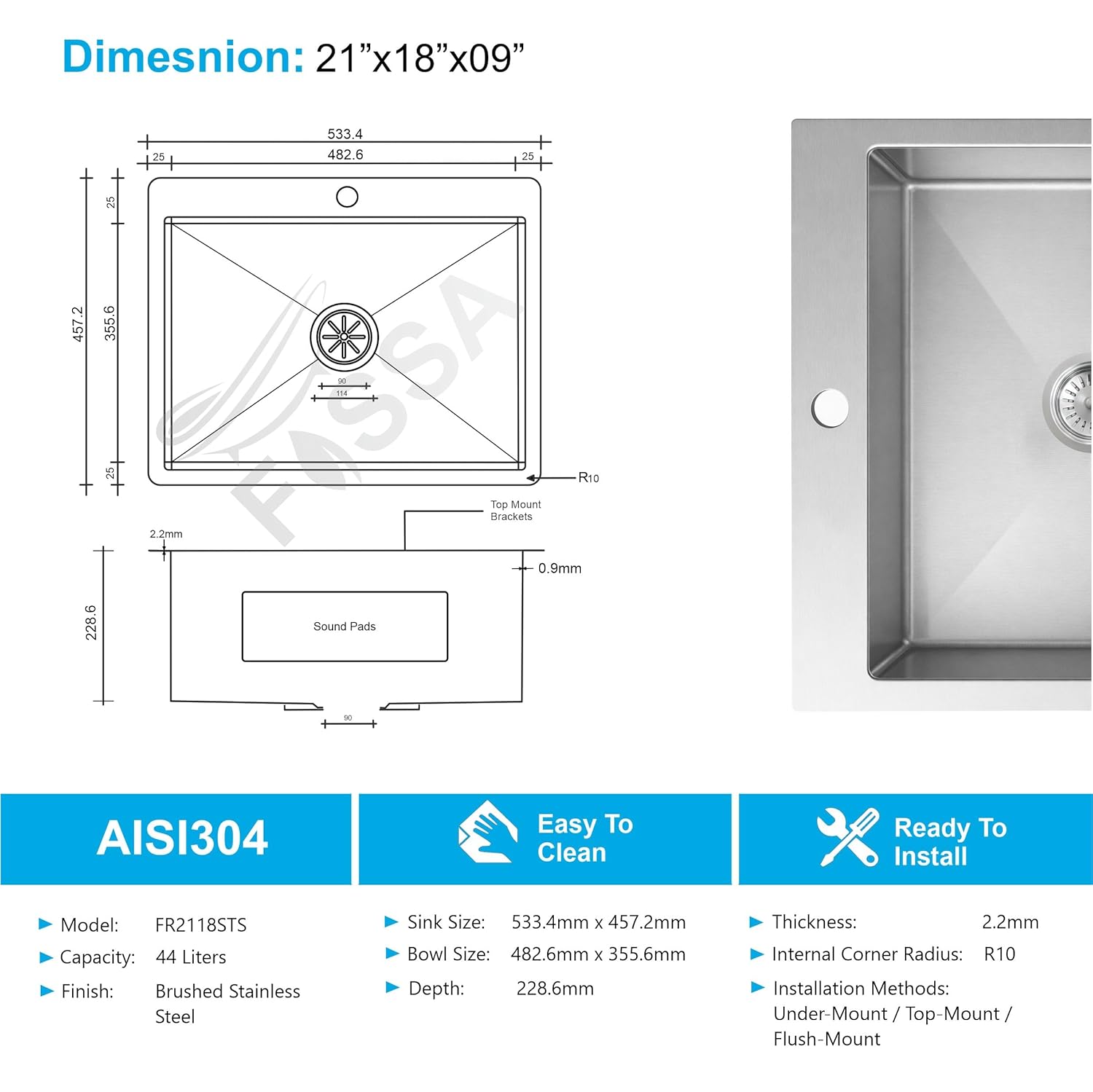 Aqua 304 Handmade  (30 x 18 x 09 ) Inch SS Single Bowl Tap Hole Square Coupling Silver Kitchen Sink