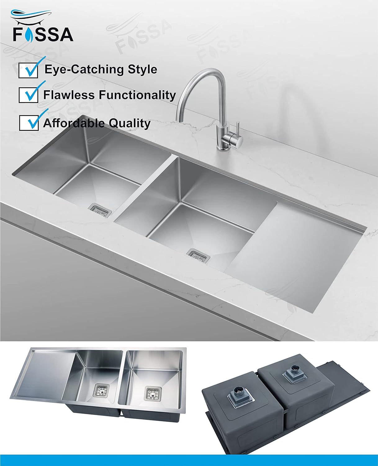 Fossa 45"x20"x10" Double Bowl With Drain Board SS-304 Grade  Stainless Steel Handmade Kitchen Sink Matte Finish Silver
