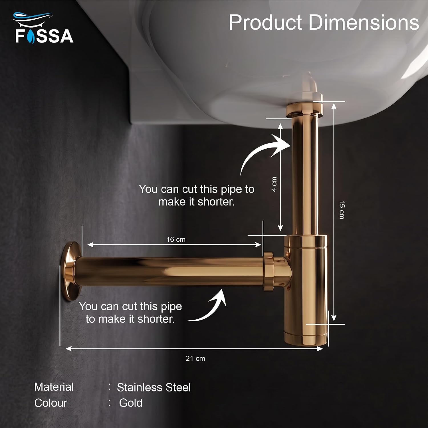 12 inch Stainless Steel Gold Bottle Trap with Flange - Fossa Home 