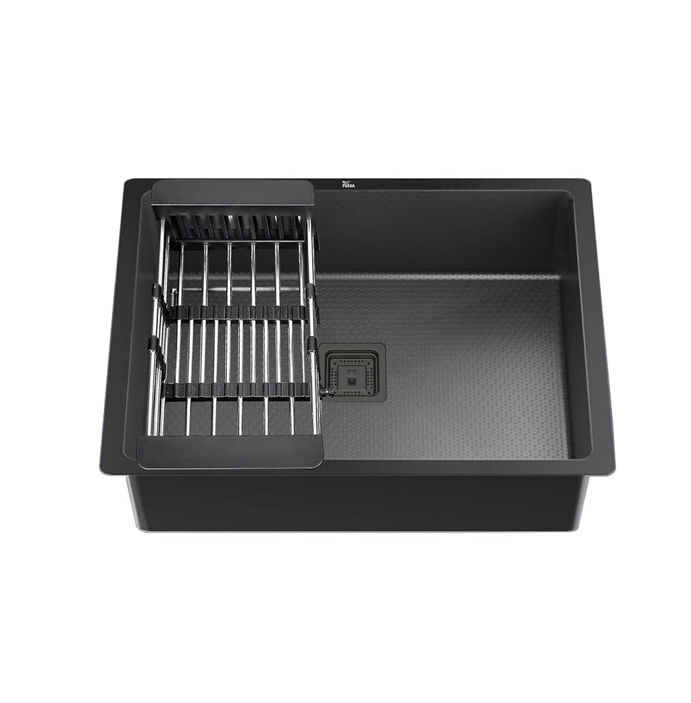 Fossa 18"x16"x09" Single Bowl Honeycomb Embossed Sink with Black Nano Coating, Stainless Steel Single Bowl Sink, Rectangular Workstation with Drainer and Overflow Set (Black)