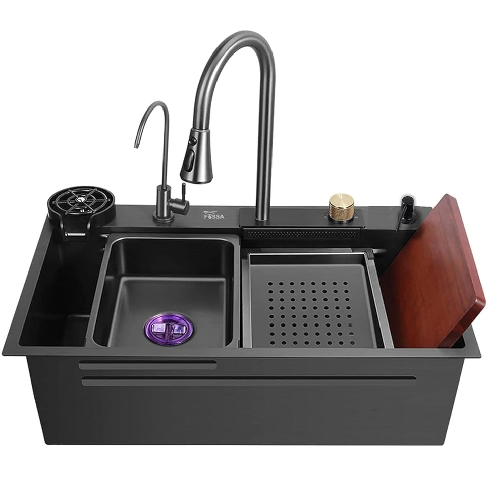 Fossa 27"x18" Single Bowl Waterfall Kitchen Sink Honeycomb Embossed Sink with White Nano Coating, Stainless Steel, Rectangular Workstation, faucet With all Accessories.