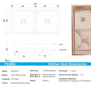304  Handmade (45x 20x 10) Inch  Double Bowl Rose gold  Stainless Steel Kitchen Sink - Fossa Home 