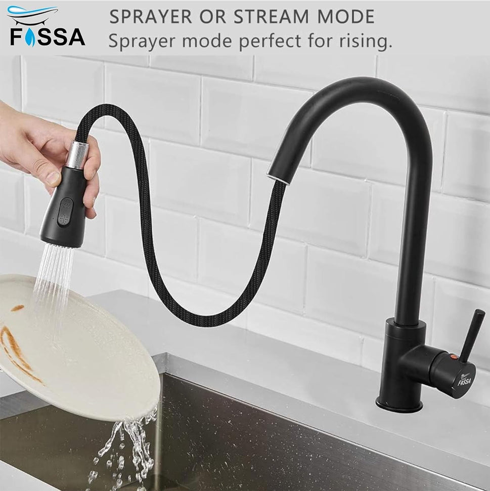 Fossa Heavy SUS 304 Stainless Steel Black Single Lever Sink Hot & Cold Water Mixer Pull Down Tap Kitchen Sink Faucet with Pull Out Sprayer for...(Matte Finish)