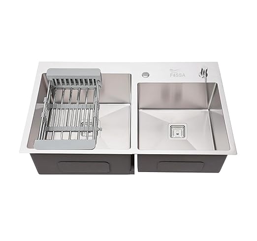 Fossa Silver Kitchen Sink - 32"x18"x10" Stainless Steel Double Bowl Sink With Tap Hole,Drain Basket, Soap Dispenser, Siphon Drain - Topmount Sink for Campervan or Home Kitchen