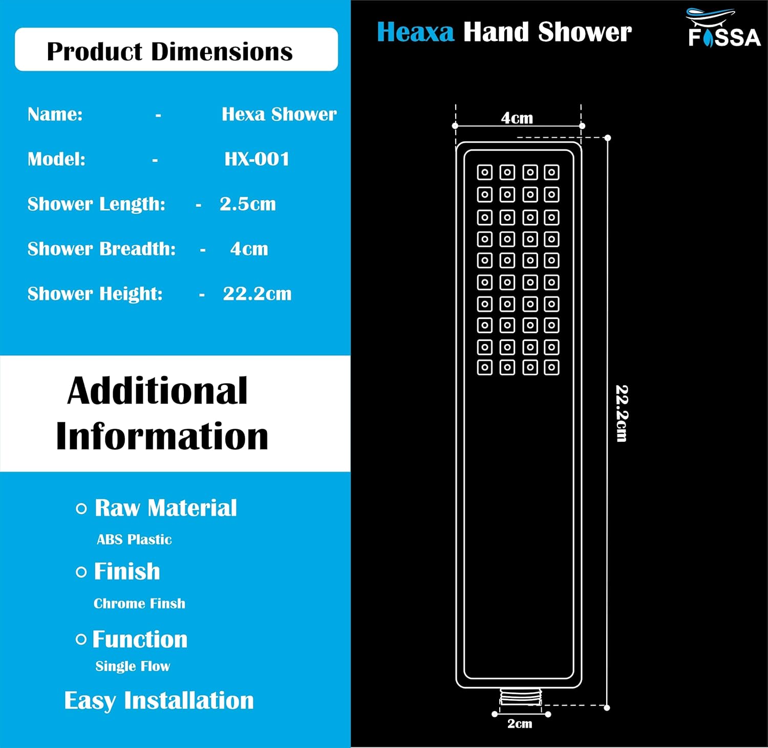 Fossa Hexa Square ABS Hand-Held Shower with 1.5 Mtr Hose Pipe and Wall Hook for Bathroom, High Pressure Shower Set Chrome Finish (Hand Shower Set) - Fossa Home 