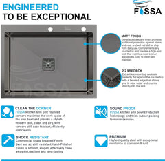 Fossa 24"x18"x10" Inch Single Bowl With Tap Hole Premium Stainless Steel Handmade Kitchen Sink (Matte Finish) Black - Fossa Home 