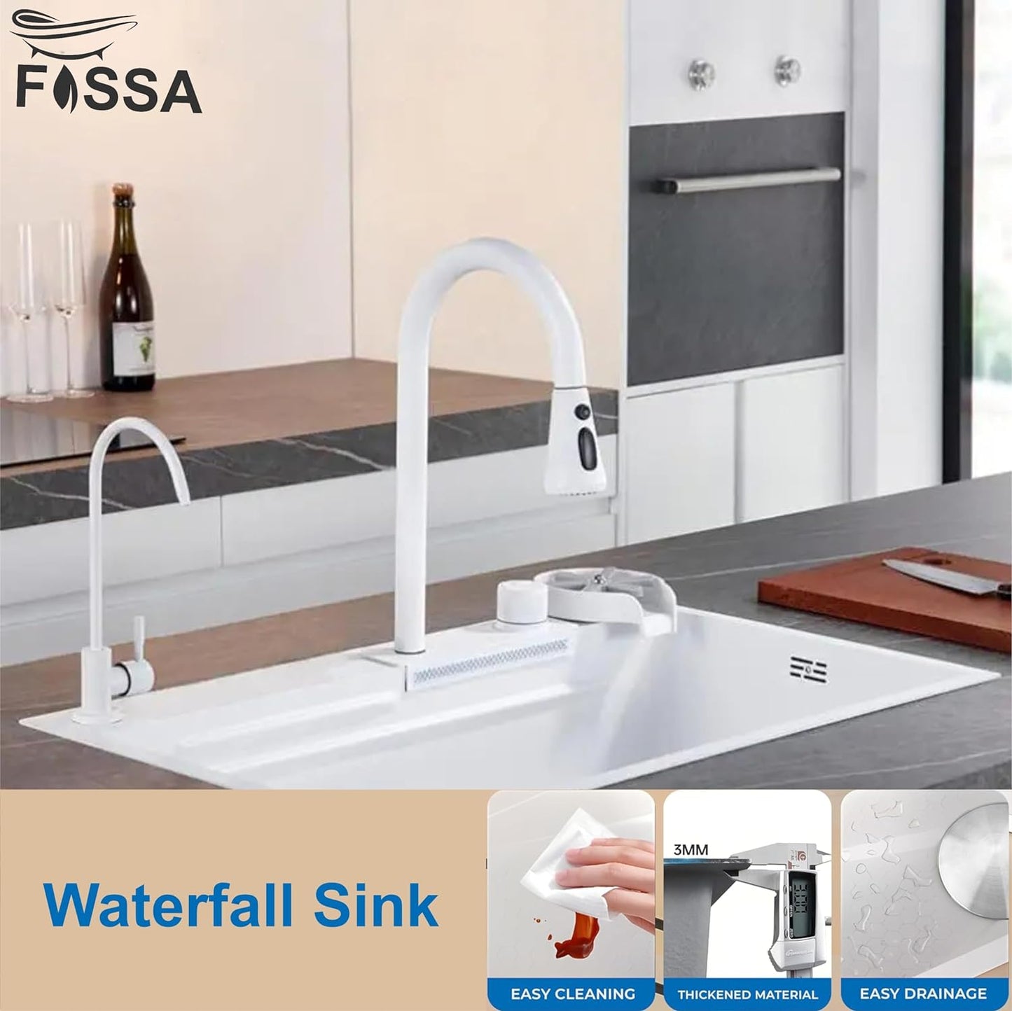 Fossa 30"x18" Waterfall Kitchen Sink with Integrated Waterfall Mode and Pull down Faucet with Steel Tray, Fruit Basket, and Complete Accessories Set - (White)