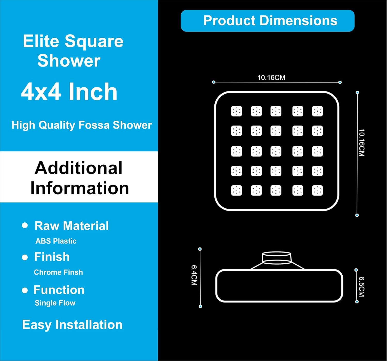 Fossa 4"x4" Square Elite Shower Head - High Pressure Rain - Luxury Design - 1-Min Install - Easy Clean Adjustable for Your Bathroom Shower Heads (Without Arm)