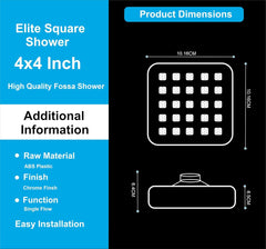 Fossa 4"x4" Square Elite Shower Head - High Pressure Rain - Luxury Design - 1-Min Install - Easy Clean Adjustable for Your Bathroom Shower Heads (Without Arm)