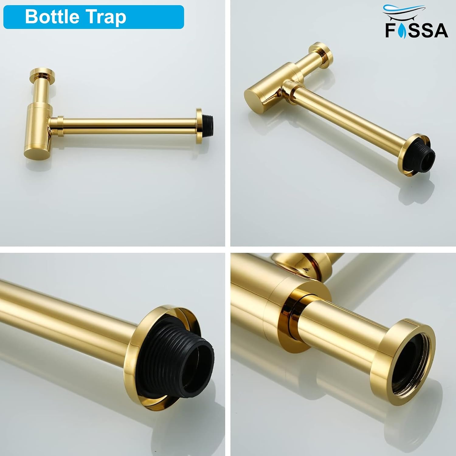 Fossa Steel Bottle Trap for Wash basins | Bottle Trap With Wall Flange and 12 Inches Pipe | Chrome Finish (Stainless Steel) Gold